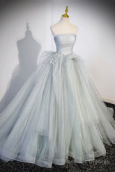 Gray Strapless Long Formal Dress, Gray Tulle Evening Dress Party Dress