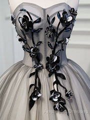 Gray Sweetheart Neck Tulle Lace Short Evening Prom Dresses, Cute Homecoming Dresses