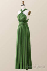 Green A-line Pleated Long Convertible Bridesmaid Dress