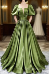 Green Satin Short Sleeves Long Evening Party Dresses, Green Formal Party Dresses