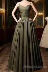 Green Satin Straps Long Wedding Party Dresses, Green Long Evening Prom Dresses Evening Dresses