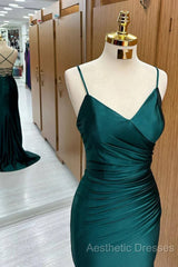 Green Satin V-Neckline Mermaid Straps Evening Gown, Green Satin Evening Prom Dresses