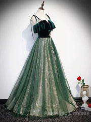 Green Straps Velvet Long Lace Evening Prom Dresses