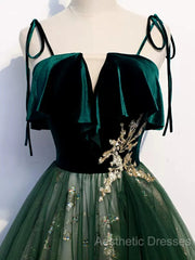 Green Straps Velvet Long Lace Evening Prom Dresses