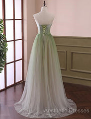 Green Sweetheart Gradient Beaded Tulle Floor Length Party Dresses, Green Junior Evening Prom Dresses