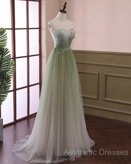 Green Sweetheart Gradient Beaded Tulle Floor Length Party Dresses, Green Junior Evening Prom Dresses