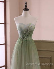 Green Sweetheart Gradient Beaded Tulle Floor Length Party Dresses, Green Junior Evening Prom Dresses
