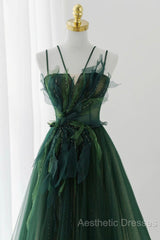 Green Tulle Long A-Line Evening Prom Dresses, Beautiful Spaghetti Straps Evening Dresses
