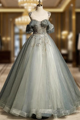 Green Tulle Off Shoulder Ball Gown Beaded Sweet 16 Dresses, Green Tulle Formal Dresses