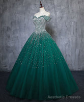 Green Tulle Sequin Long Prom Gown, Green Sequin Sweet 16 Dress
