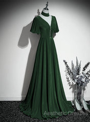 Green Velvet A-Line Short Sleeves Long Party Dresses, Green Long Evening Prom Dresses