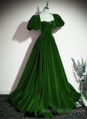 Green Velvet Backless Long Party Dresses, Green Short Sleeves Formal Dresses Evening Prom Dresses