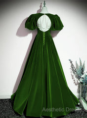 Green Velvet Backless Long Party Dresses, Green Short Sleeves Formal Dresses Evening Prom Dresses