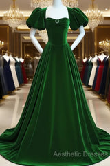 Green Velvet Backless Long Party Dresses, Green Short Sleeves Formal Dresses Evening Prom Dresses