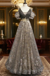 Grey Purple V-Neckline Tulle With Lace Evening Prom Dresses, Off Shoulder A-Line Party Dresses