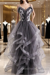 Grey Tulle Sweetheart Long Party Dresses With Lace Applique, Grey Long Evening Prom Dresses
