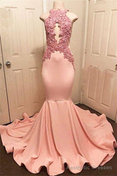 Halter Pink Lace Prom Party Gowns| Mermaid Formal Dresses