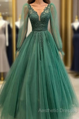 Hunter Green V-Neckline Tulle With Lace Applique Party Dresses, Green Evening Dresses