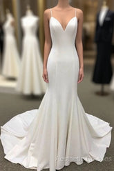 Ivory Satin Spaghetti Straps Open Back Sweet Train Wedding Dresses, Formal Evening Prom Dresses