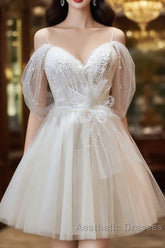 Ivory Sweetheart Tulle Short Party Dresses, Ivory Tulle With Lace Homecoming Dresses