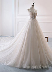 Ivory Tulle With Lace Long Wedding Party Dresses With Sweep Train, Ivory Formal Dresses