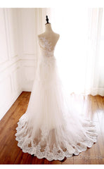 Ivory Tulle With Lace Round Neckline Long Wedding Party Dresses, Ivory Tulle Evening Prom Dresses