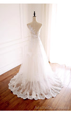 Ivory Tulle With Lace Round Neckline Long Wedding Party Dresses, Ivory Tulle Evening Prom Dresses