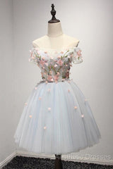 Knee-Length Light Blue Tulle Homecoming Dresses With Appliques
