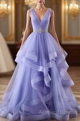 Lavender Tulle V-Neckline Layers Long Sweet 16 Dresses, Light Purple Evening Prom Dresses Party Dresses
