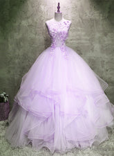 Lavender Tulle with Flowers Ball Gown Sweet 16 Dress, Lavender Long Formal Dress