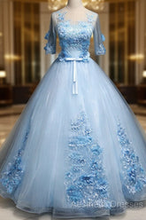 Light Blue Ball Gown With Sleeves Party Dresses, Blue Sweet 16 Dresses