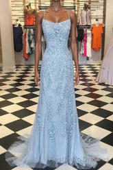 Chic Trumpet Spaghetti Straps With Lace Appliques Light Blue Evening Prom Dresses