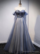 Blue Sweetheart Tulle with Lace Party Dress, Blue Long Formal Dress