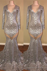 Long Sleeves Sequins Prom Party Gowns| Mermaid V-Neck Evening Gowns
