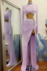 Long Sleeves Small Round Collar Prom Dress Purple Beaded Long Chiffon