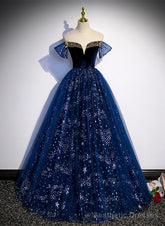 Lovely Navy Blue Tulle Off Shoulder Beaded Long Party Dress, Navy Blue Tulle Prom Dress