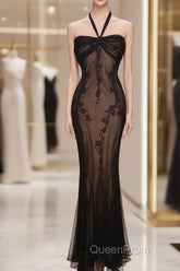 Mermaid Halter Neck Tulle Applique Long Evening Prom Dresses