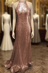 Mermaid Halter Rose Gold Evening Prom Dresses