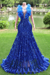 Mermaid Long Prom Dresses Sequin Royal Blue Evening Dresses Feather Sleeveless