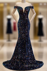 Mermaid Navy Blue Sequins Evening Dresses With Off The Shoulder Top Evening Prom Dresses Formal Dresses
