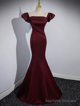 Mermaid off Shoulder Satin Burgundy Long Prom Dress, Burgundy Formal Dress