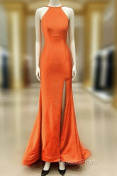 Mermaid Orange Evening Prom Dresses Halter Neck Split