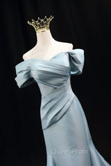 Mermaid Satin Floor Length Evening Prom Dresses, Blue Off The Shoulder Evening Party Dresses