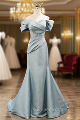 Mermaid Satin Floor Length Evening Prom Dresses, Blue Off The Shoulder Evening Party Dresses