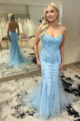 Mermaid Scoop Appliqued Prom Dress with Lace up Back