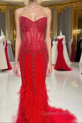 Mermaid Strapless Sequin-Embroidered Long Evening Prom Dresses with Feathers