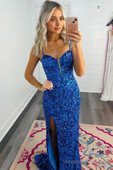 Mermaid Sweetheart Blue Sequins Long Prom Dresses with Slit