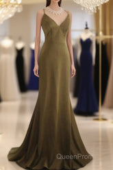 Mermaid V-Neck Satin Long Evening Prom Dresses Elegant Spaghetti Strap Formal Dresses