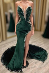 Mermaid V-neck Spaghetti strap Beaded High Split Floor-length Sleeveless Evening Prom Dresses