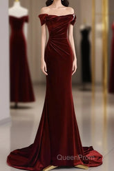 Mermaid Velvet Burgundy Long Evening Prom Dresses, Burgundy Long Evening Dresses